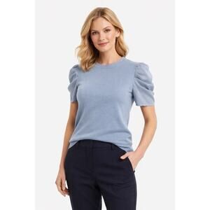 Adrianna Papell Blue Puff Sleeve Top Womens M Knit Career Chic